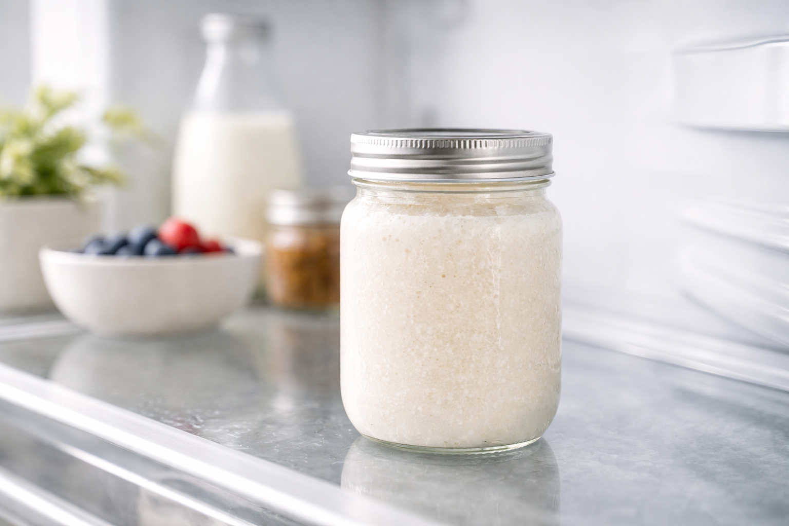 Kefir lagern im Kühlschrank im Glasgefäß richtig aufbewahrt