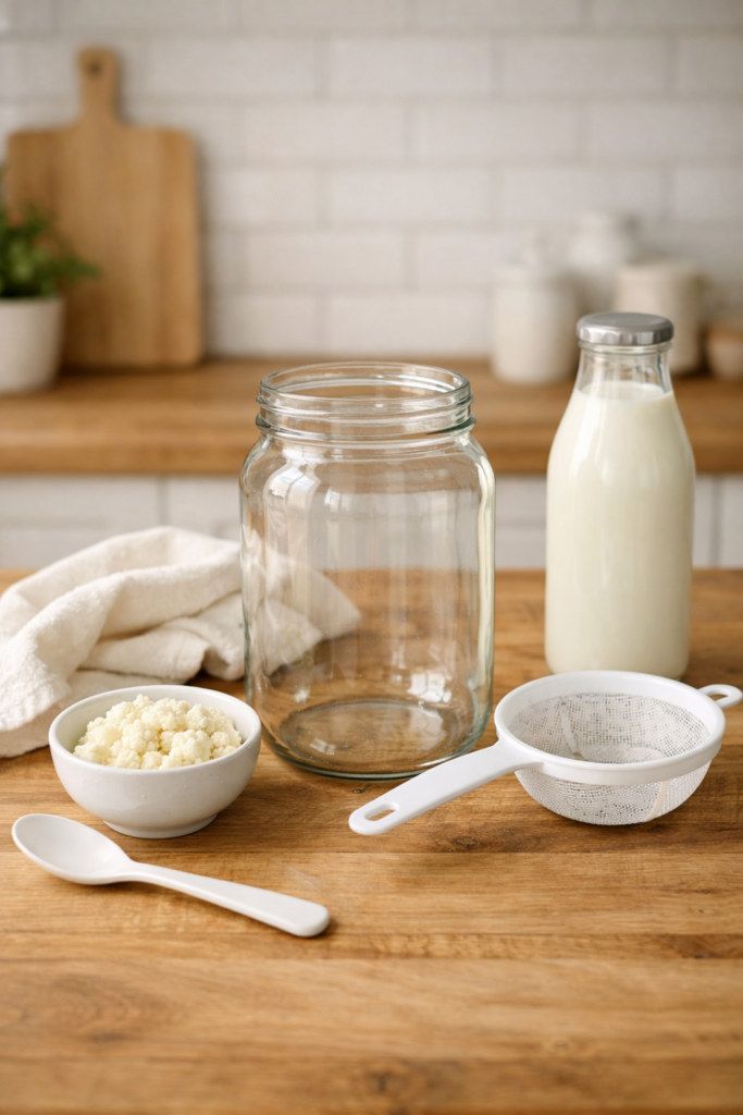 Zutaten für Milchkefir: Milch und Kefirknollen für die einfache Kefir-Herstellung zuhause