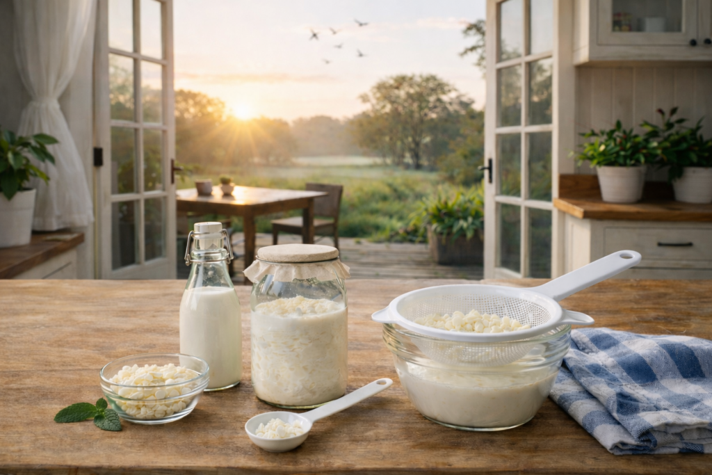 Frisch zubereiteter Kefir mit Milch und Kefirkörnern für eine gesunde Darmflora