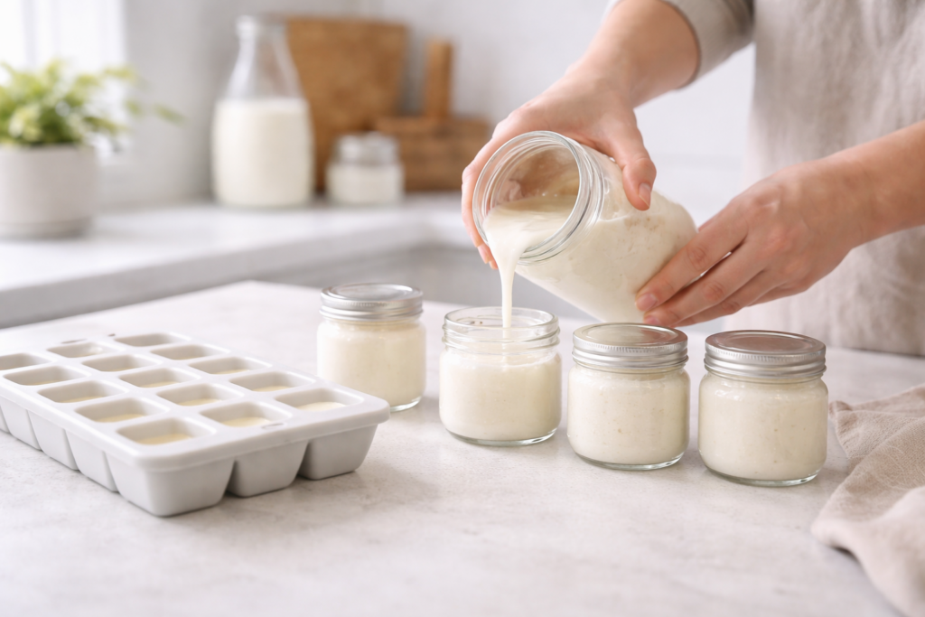 Kefir einfrieren in kleinen Portionen im Glas und Eiswürfelform