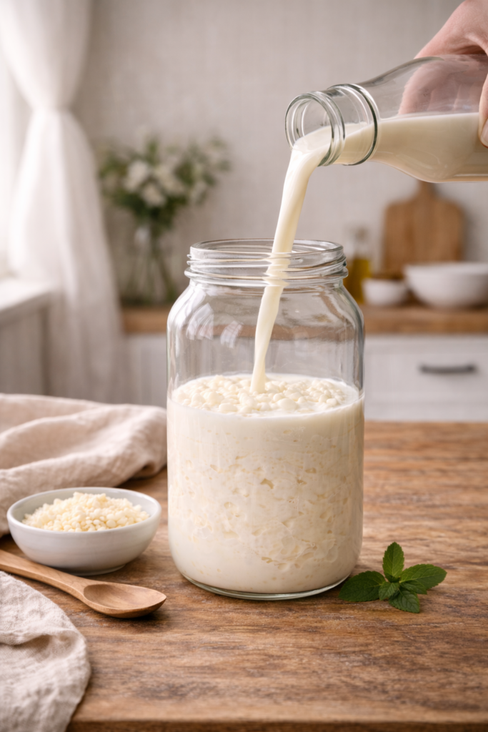 Milch und Kefirknollen im Glas – erster Schritt beim Kefir selber machen