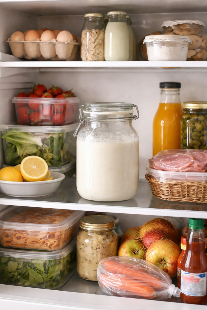 Kefir lagern im Kühlschrank im Glasgefäß