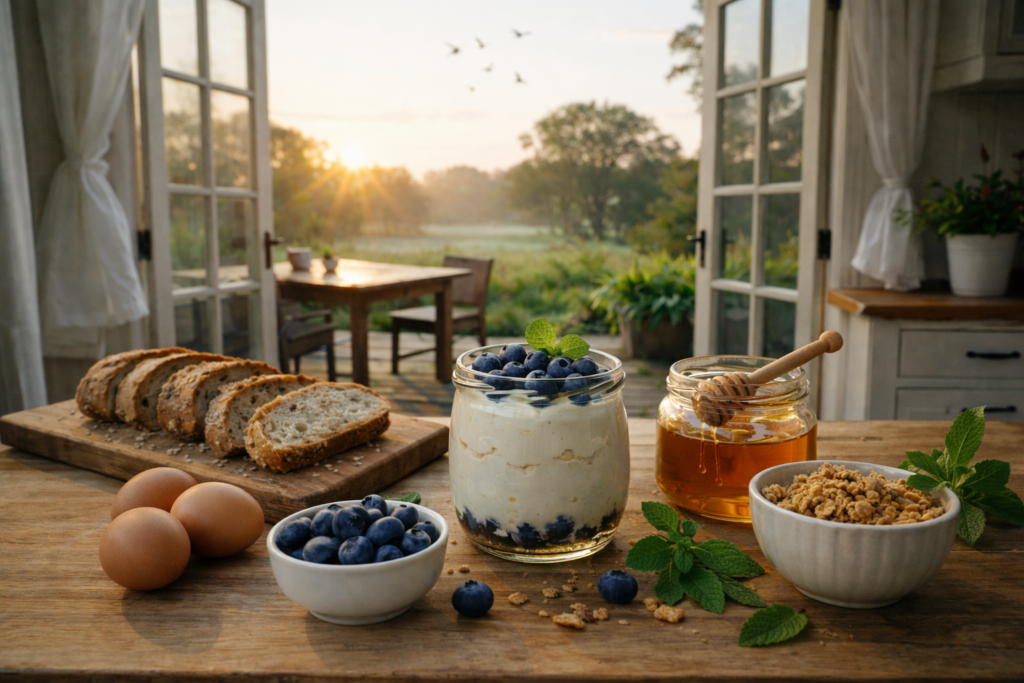 Gesundes Frühstück mit Quark, Heidelbeeren, Honig und Müsli am Fenster mit Blick ins Grüne.