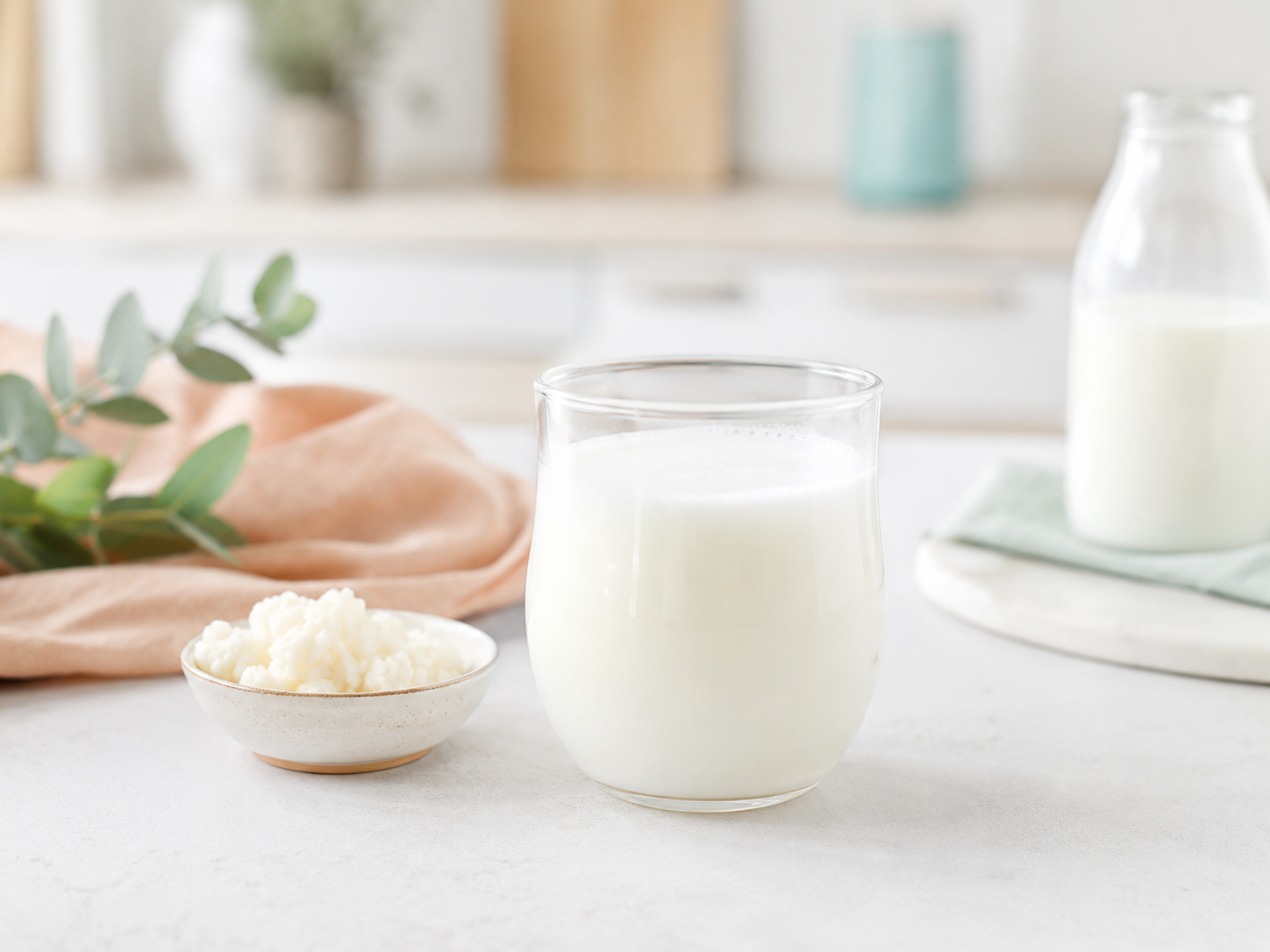 Ein Glas Milchkefir auf einer hellen Küchenfläche mit kleiner Schale und dezenten Zutaten als Hinweis auf Fermentation.
