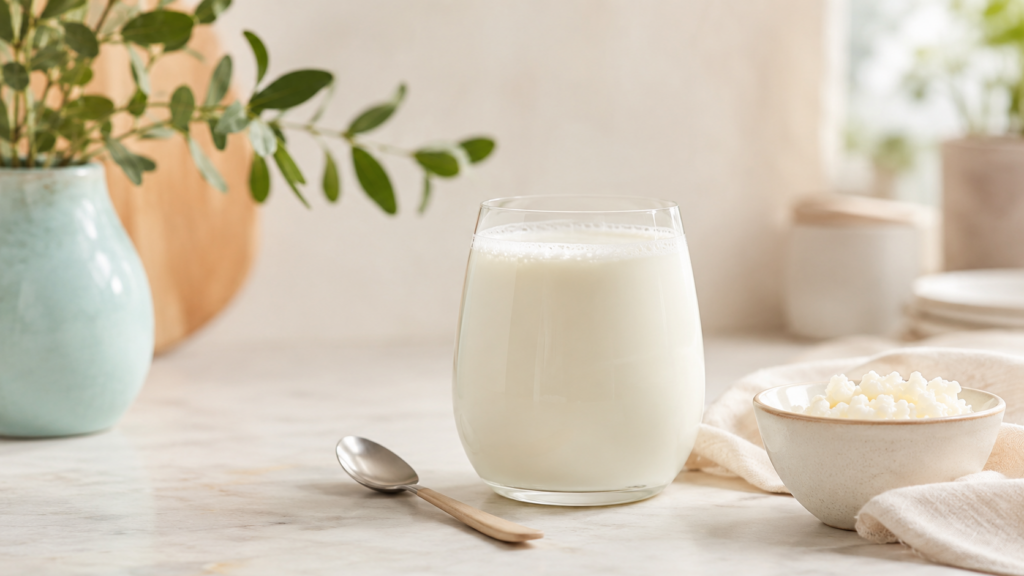 Ein Glas Milchkefir auf einer hellen Küchenoberfläche neben einer kleinen Schale und einem Leinentuch.