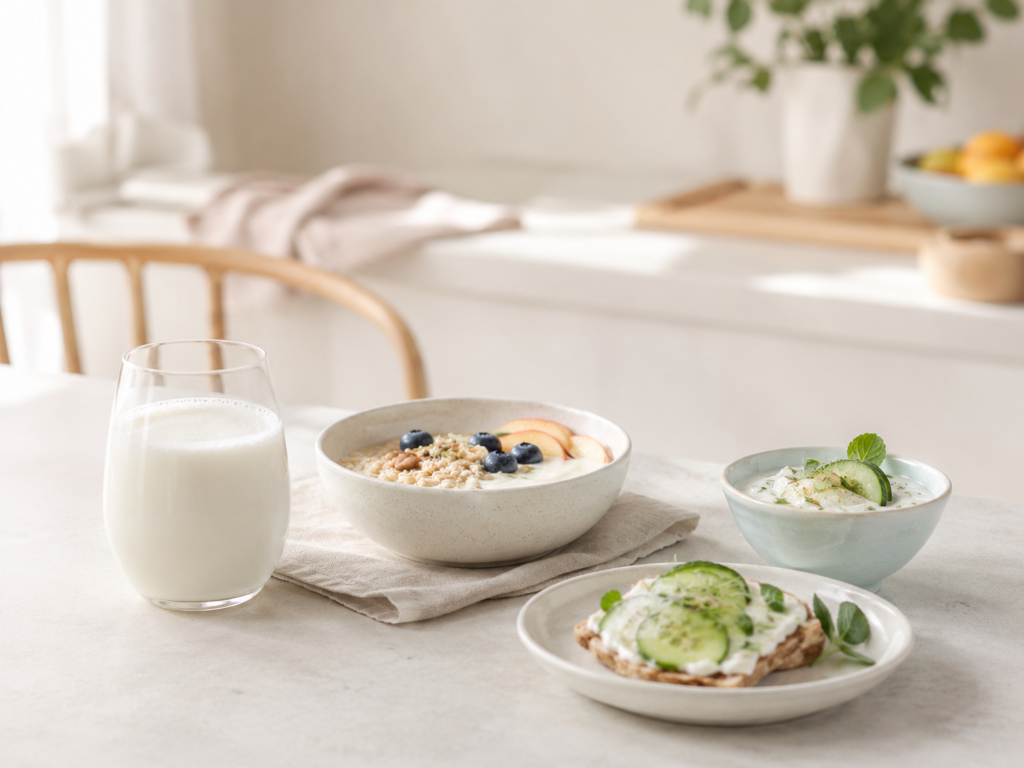 Ein Glas Kefir und einfache alltagstaugliche Speisen auf einem hellen Tisch als Inspiration zur vielseitigen Verwendung von Kefir.