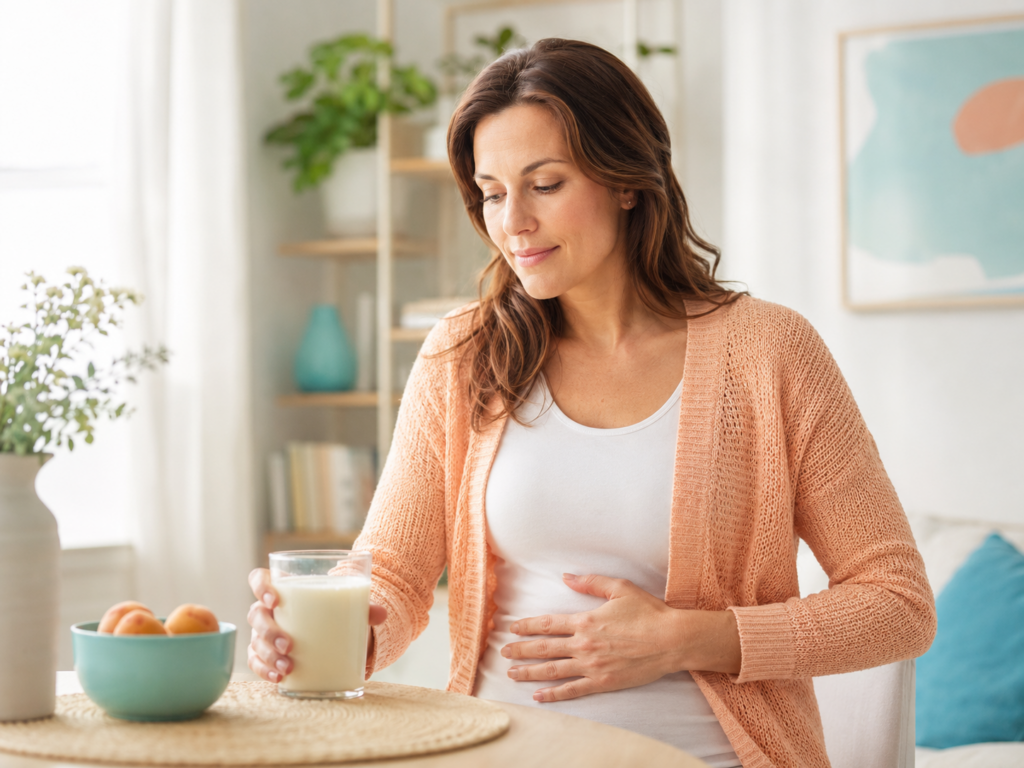 Kefir Nebenwirkungen: Eine Frau mit leicht nachdenklicher Haltung sitzt an einem Tisch mit einem Glas Kefir und einer Hand am Bauch.