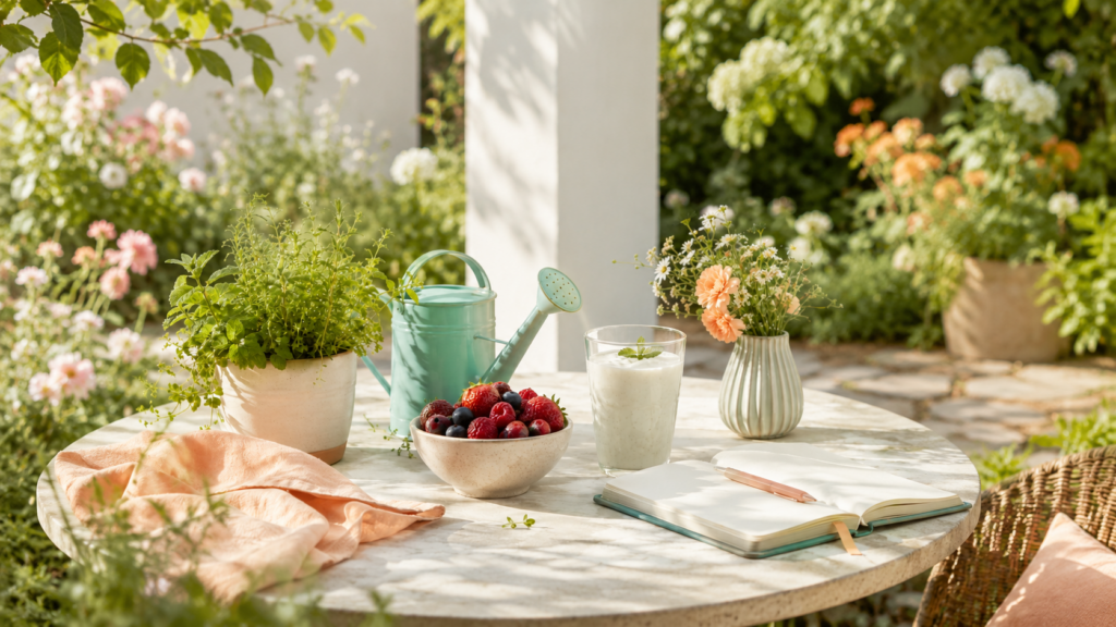 Kefir, Kräuter und Sommergarten als bildlicher Vergleich für Immunsystem, Darm und bewusste Routinen im Sommer