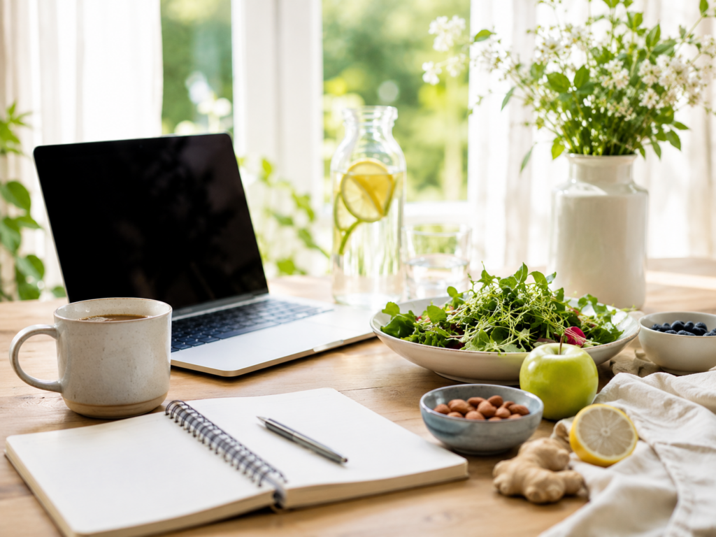 Gesund leben im Alltag mit Notizbuch, Tasse und frischen Lebensmitteln