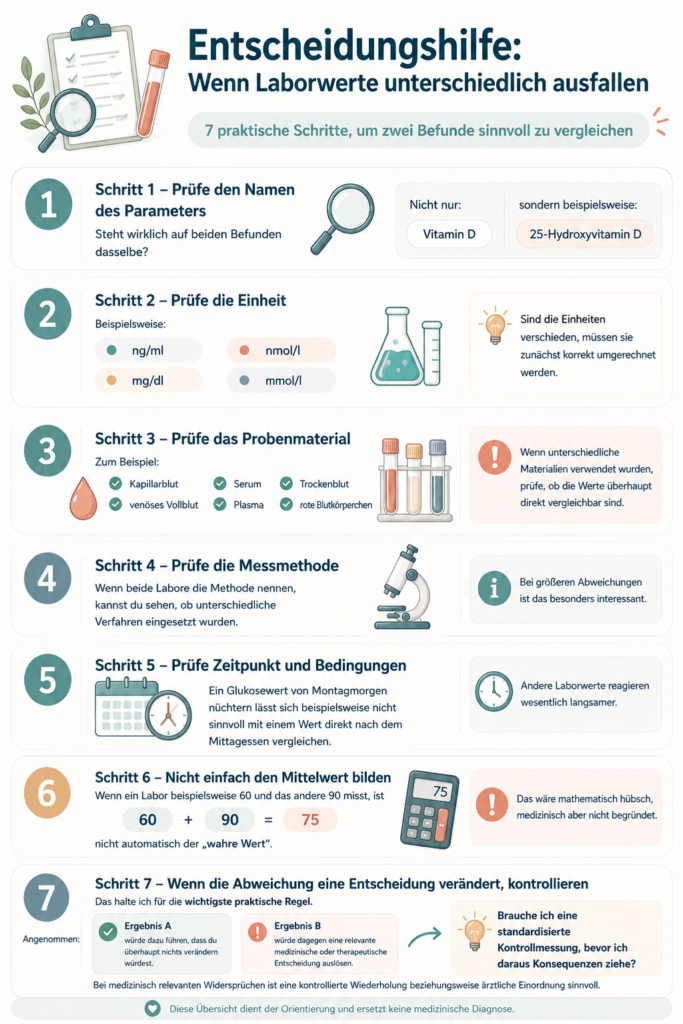 Entscheidungshilfe zum Vergleichen von Laborwerten: Parameter, Einheit, Probenmaterial, Messmethode, Zeitpunkt und Kontrollmessung übersichtlich erklärt.