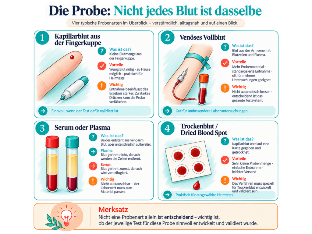 Schaubild zu Kapillarblut, venösem Blut, Serum, Plasma und Trockenblut bei Labortests