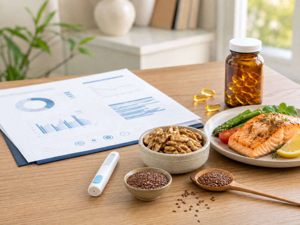 Omega-3-Index: Laborbezug, Omega-3-Lebensmittel und ruhige, helle Bildsprache für moderne Gesundheitsinformationen