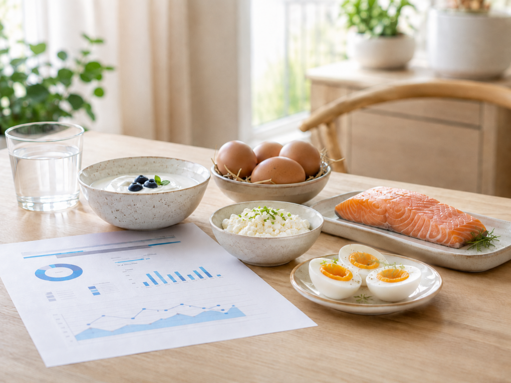 Vitamin B12: heller Tisch mit Laborbezug und ausgewählten Lebensmitteln zur symbolischen Darstellung der Nährstoffversorgung