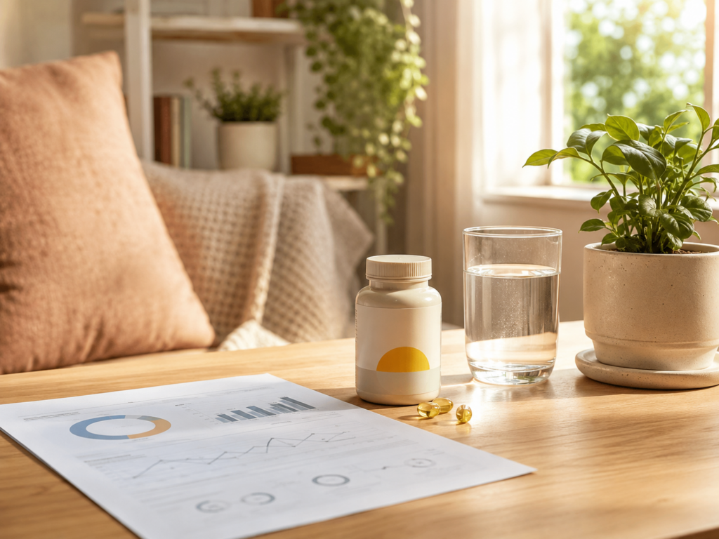 Vitamin D: sonnige, helle Wohnsituation mit Laborbezug, Glas Wasser und natürlicher Atmosphäre für Gesundheitsbewusstsein