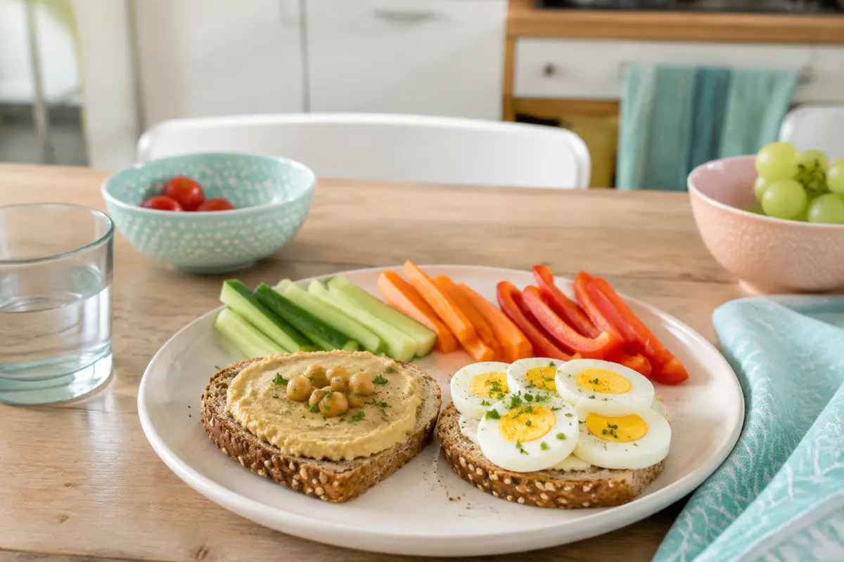 Vollkornbrot mit Ei und Hummus sowie Rohkost