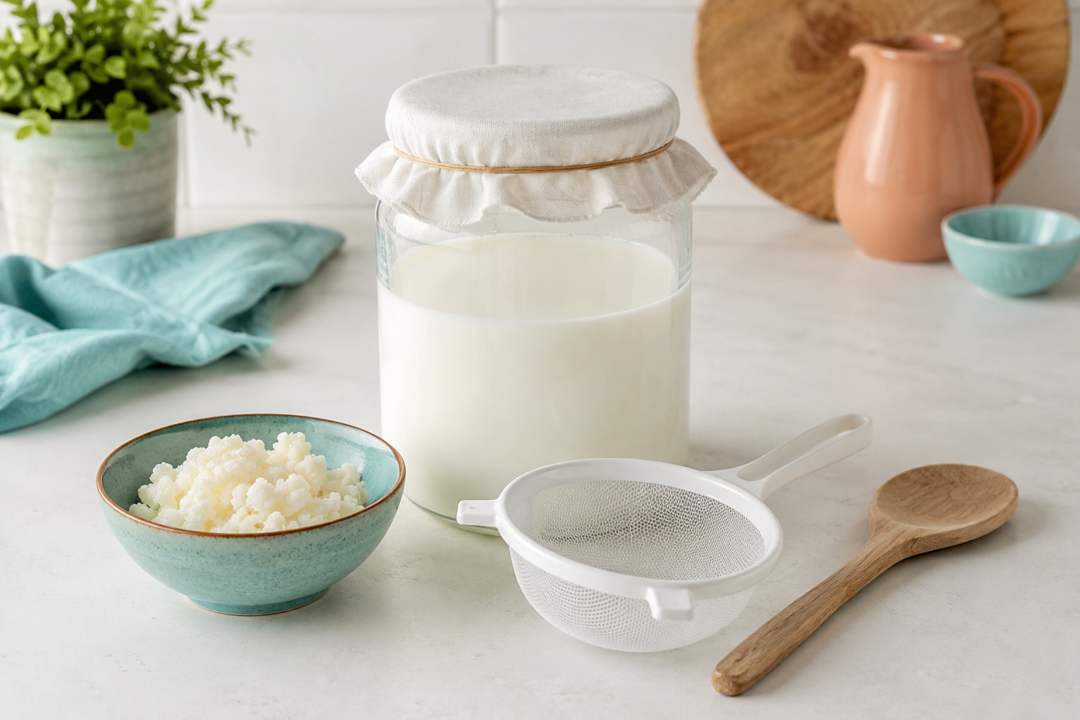Neutrale Kefir-Starterausrüstung mit Fermentierglas, Kefirknollen, Kunststoffsieb und Holzlöffel