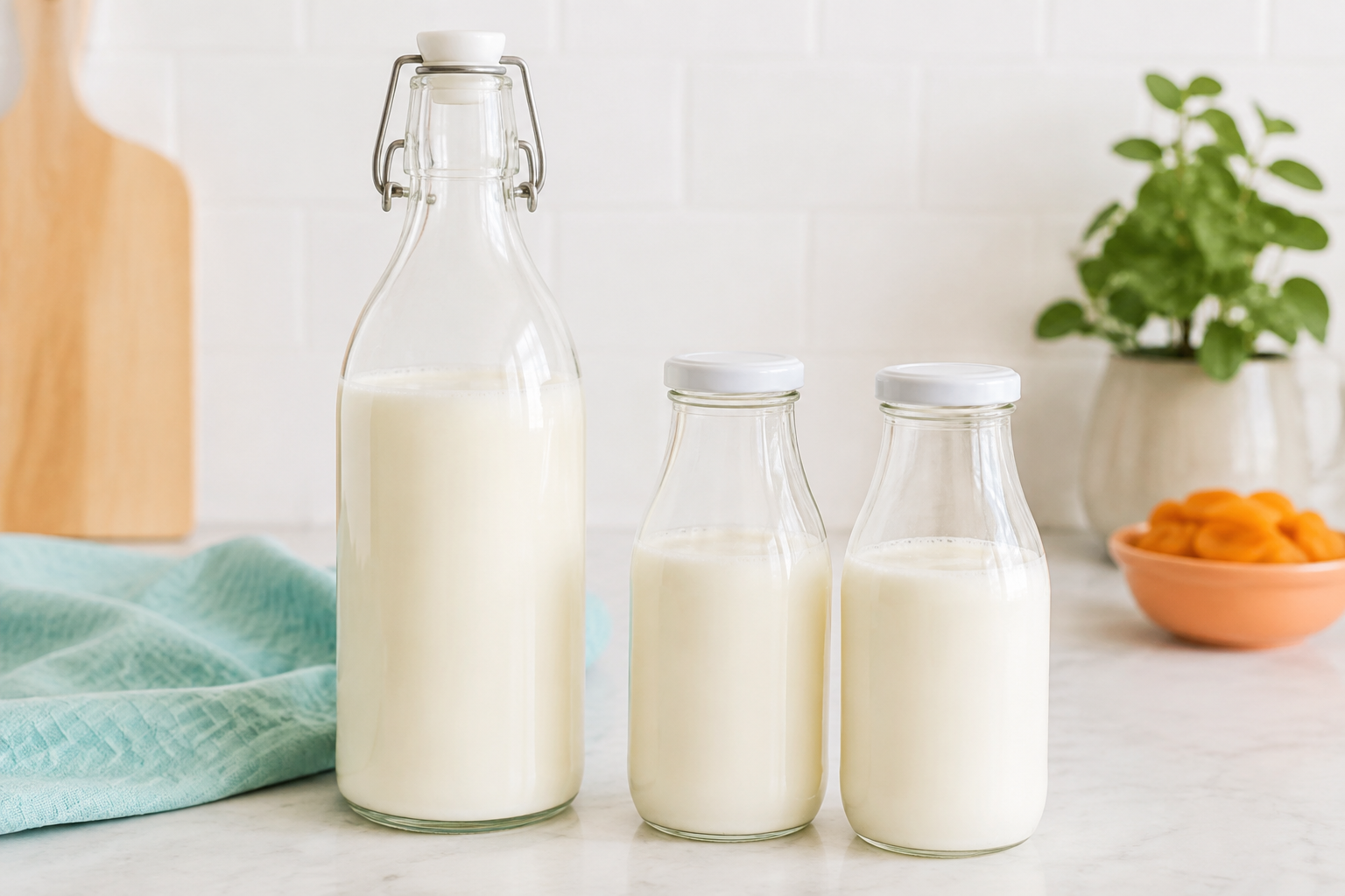 Neutrale Glasflaschen in einem Liter und 250 Millilitern für fertigen Kefir