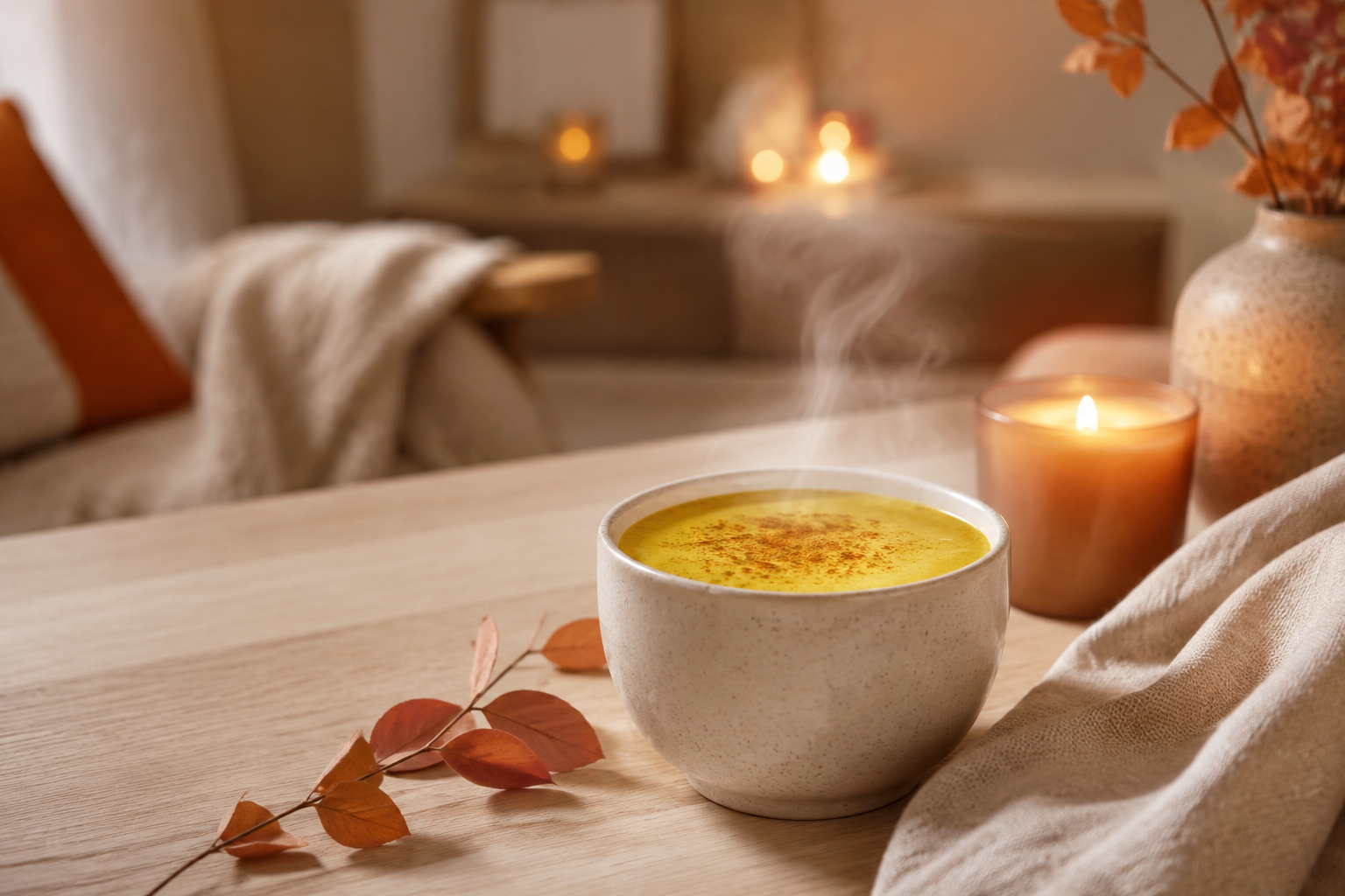 Warme Goldene Milch auf einem Holztisch mit Kerze und herbstlicher Dekoration