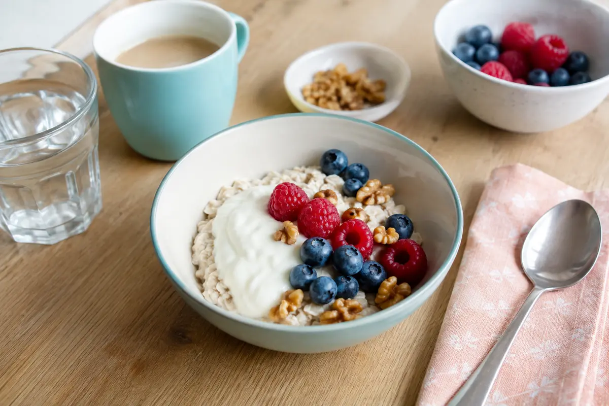 Haferflocken mit Naturjoghurt, Beeren und Nüssen