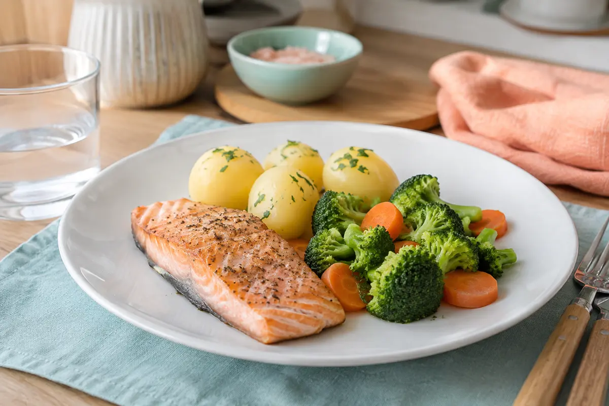 Kartoffeln mit Lachs und Gemüse