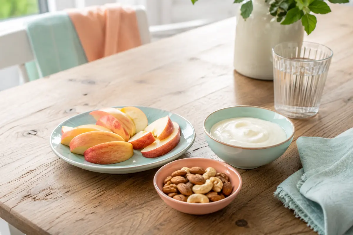 Apfelspalten mit Naturjoghurt und Nüssen